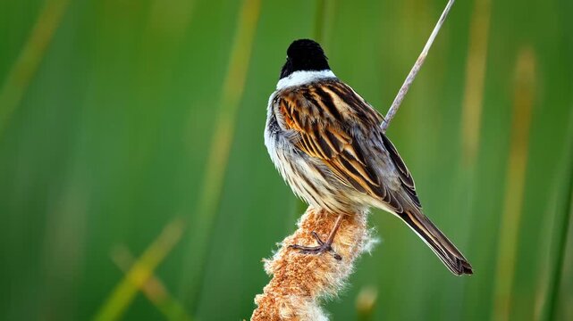 Reed bunting bird chirping on bulrush plant outdoors in natural bird wildlife footage