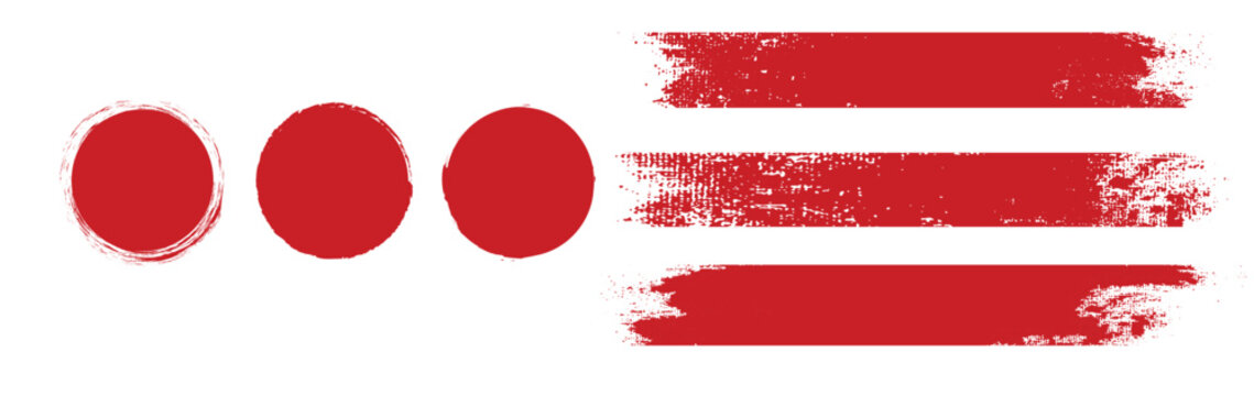 Straight red ink vector lines pack. Bloody color long and round hand-drawn brushstroke text highlights  frames  circles. Asian calligraphy brushstroke set.