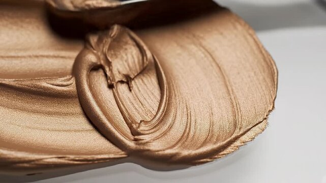 Close up of bronze makeup cream being spread with a metal spatula for beauty and cosmetic application