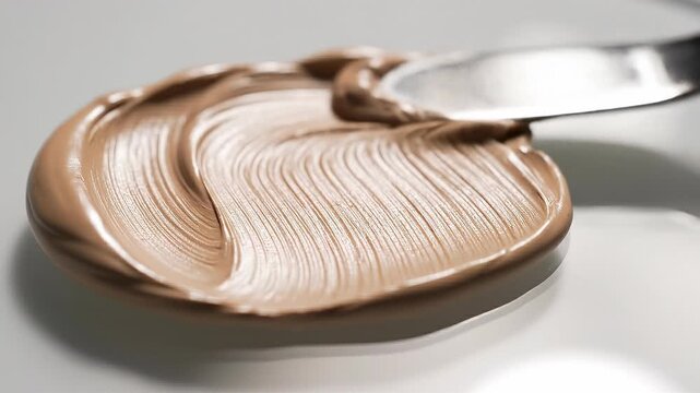 Close up of creamy chocolate spread being smeared with a knife on a white surface