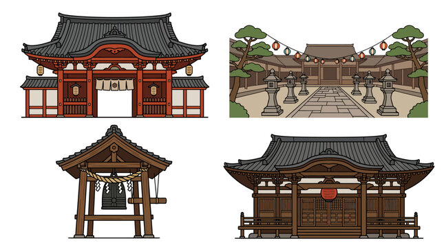 Set of traditional Japanese shrine and temple architectural structures.