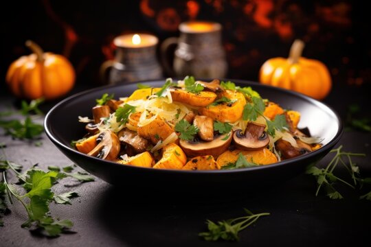 Warm pumpkin and mushroom salad with cheese and herbs served in a dark bowl during autumn