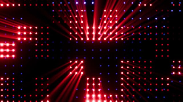 Technological background, colorful neon dots with light beams on a black background, data cloud, data storage and processing concept, 4K seamless computer graphic animation.
