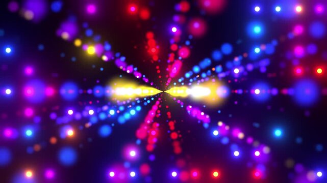 Dynamic multicolor light rays exploding from center, radial symmetry of colorful light beams flashing with bokeh on black background, 4k animation.