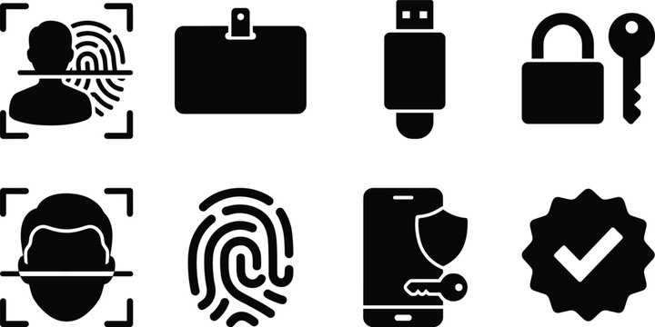 Cybersecurity and biometric verification icon set featuring face recognition fingerprint scanner digital privacy padlock and secure data access symbols