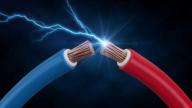Two exposed electrical wires, red and blue, crackling with bright blue lightning bolt energy, representing power, connection, electricity, danger and strong current.