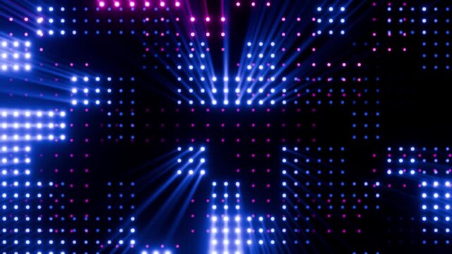 Technological background, colorful neon dots with light beams on a black background, data cloud, data storage and processing concept, 4K seamless computer graphic animation.