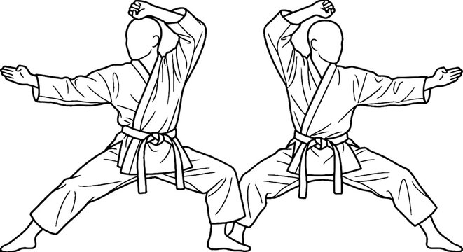 Two martial artists in traditional karate uniforms performing stances.