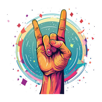 Rock and Roll Hand Gesture with Colorful Confetti and Circle
