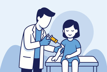 Obraz premium Professional male doctor wearing a white coat and gloves administering a vaccination or medical injection to a young girl.