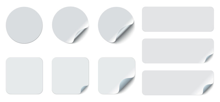 Blank adhesive stickers mock up with curved corner. Mockup empty sticky label.