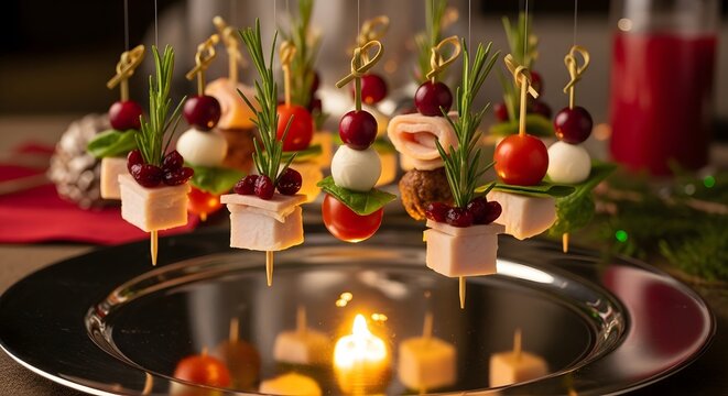 Artful Holiday Appetizer Skewers: Mini Festive Bites with Rosemary Garnishes on Silver Platter, Gourmet Canape Arrangement with Decorative Touch