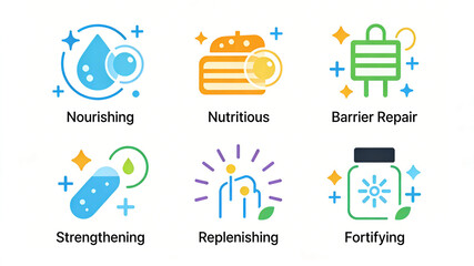 Fototapeta premium Six fresh and flat skincare efficacy icons represent the skin care concepts of nutrition, nourishment, barrier repair, and strong rejuvenation. 