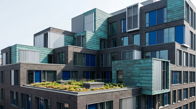 Modern apartment building with green roof and copper accents modern building architecture