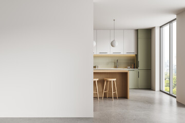 Empty interior featuring wide blank wall beside modern kitchen with stools and daylight windows, ideal for poster mockup and copy space template. 3D Rendering © ImageFlow