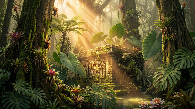 Ancient jungle ruins with jaguar statue bathed in sunbeams