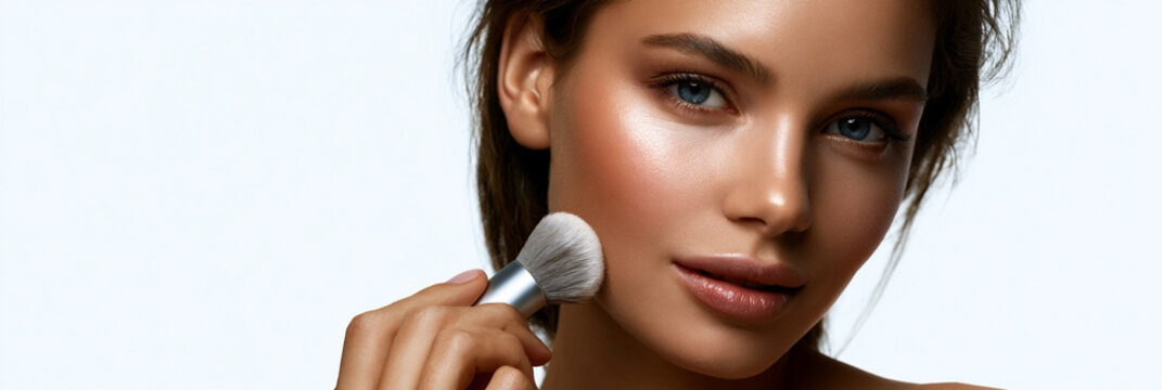 young female model applying highlighter with makeup brush, natural beauty woman highlighting cheekbone in studio, fresh skincare portrait with radiant natural complexion