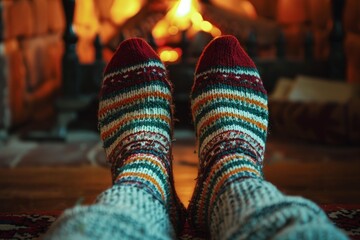 Obraz premium Feet warming by cozy fireplace wearing colorful woolen socks in winter time
