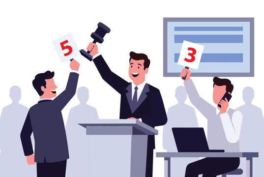 Professional auctioneer standing at a podium leading a busy auction while bidders raise signs with numbers for their offers.