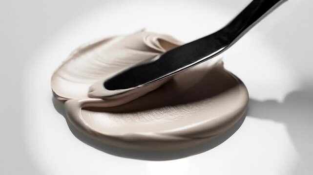 Smooth creamy chocolate spread pouring and swirling on white surface close up