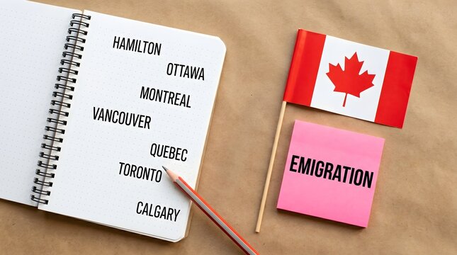 Canadian cities listed in a notebook with emigration concept and flag