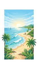 Obraz premium Tropical beach paradise with palm trees and ocean at sunrise