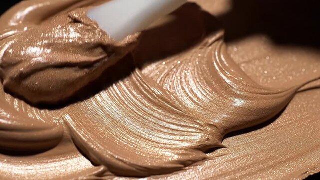 Close up of creamy smooth chocolate spread with shiny texture swirled on surface