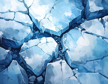 Cracked ice surface reflecting sky clouds abstract pattern