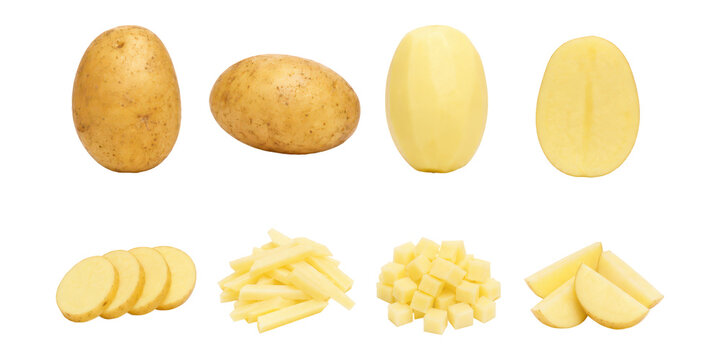 Collection of fresh potatoes isolated on a white background, showcasing whole potato, peeled potato, potato half, sliced potato rounds, potato sticks, diced potato cubes, and potato wedges. Clean food