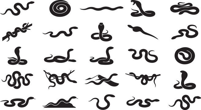 Snake Silhouette Pose Set Reptile Black Vector Collection