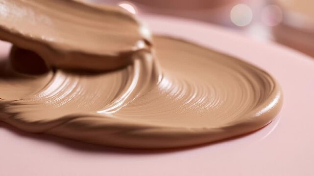 Close up smooth beige liquid foundation makeup texture on pink surface for beauty cosmetics