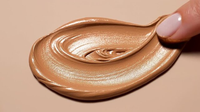 Smooth brown cosmetic foundation cream being blended on skin with fingers for flawless makeup