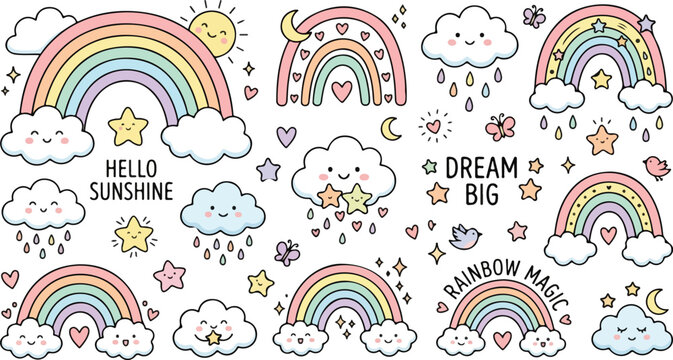 Pastel rainbow magic clouds and dream big vector doodle set