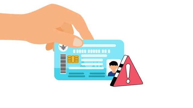 Hand holding identity card with warning exclamation mark icon representing ID verification failure or error