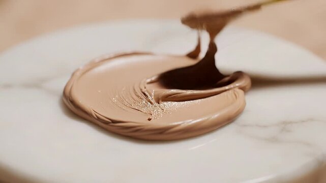 Smooth beige liquid foundation makeup spread with gold spatula on marble surface beauty cosmetic cream