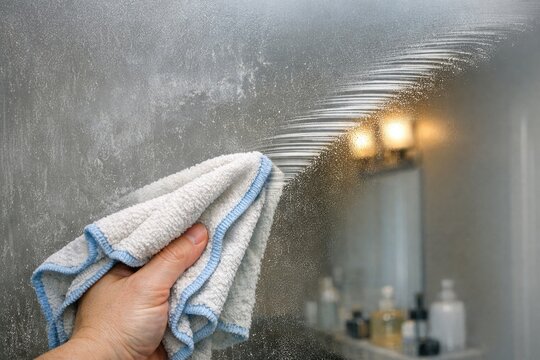 A person stands in front of a mirror, holding a towel to cover themselves