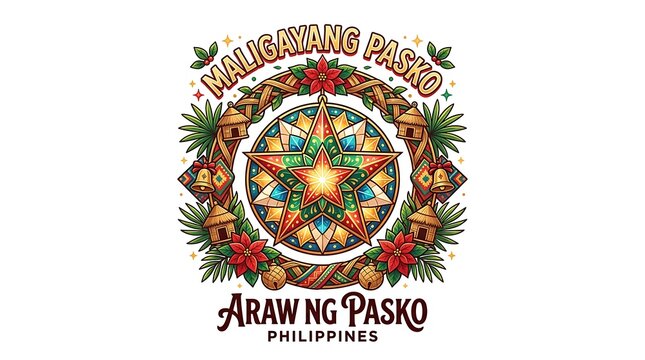 Filipino christmas emblem featuring a parol star and nipa huts