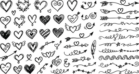 Fototapeta premium Sweet love hearts decorative arrow symbols and line dividers set