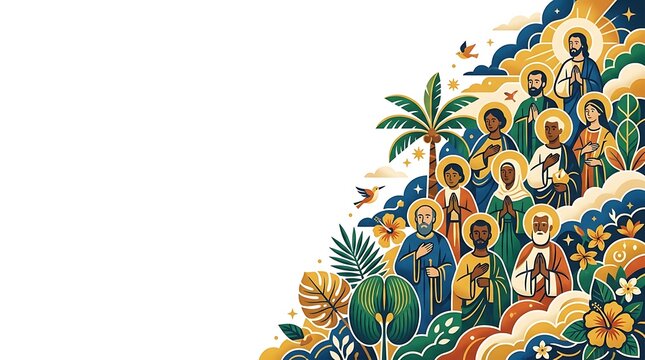 Diverse group of saints and holy figures in a tropical setting