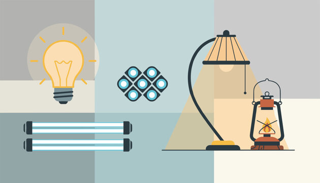 Variety of lighting options including incandescent bulb, LED matrix, fluorescent tubes, desk lamp, and vintage lantern.