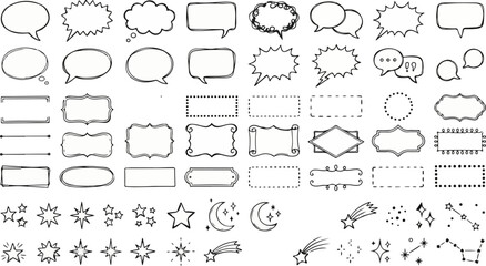 Speech bubbles text frames crescent moon and stars doodles set © SHARMIN
