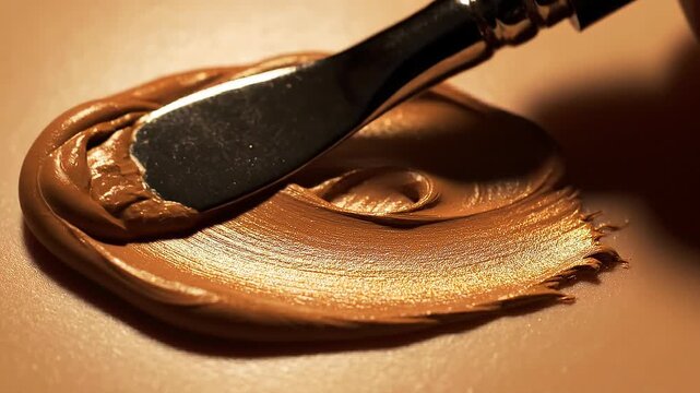 Close up of smooth creamy chocolate spread being spread with a knife on a surface