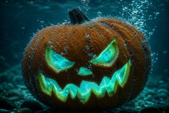 Spooky Halloween Jack-o-Lantern Pumpkin Submerged Underwater with Eerie Cyan Glow and Bubbles, Generative AI