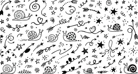 Cute snail stars and arrow doodles seamless vector pattern background © SHARMIN