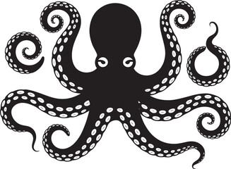 Octopus silhouette icon set, vector collection showcasing a stylish black octopus with rounded tentacles and decorative white spots, suitable for marine branding, tattoos, stickers © Mamun
