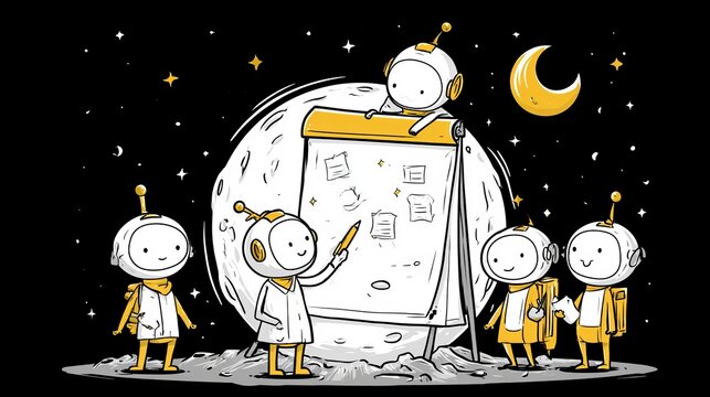 Lunar meeting: robots brainstorm with flip chart