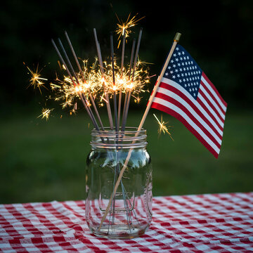American flag and sparklers in glass mason jar on red checkered picnic table cloth at night for fourth of July celebration and independence day outdoor patriotic summer festivities.