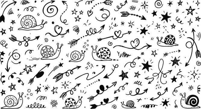Cute snail stars and arrow doodles seamless vector pattern background