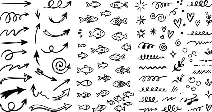 Hand drawn arrow symbols cute fishes and swirl doodles set