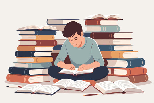 Stressed student sitting on the floor surrounded by tall stacks of books while trying to study and prepare for difficult academic exams.